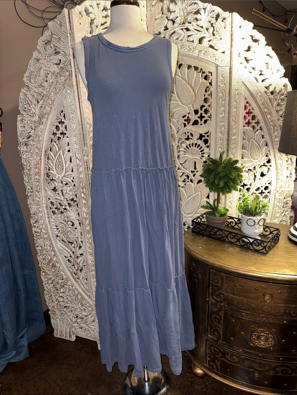 aerie Sleeveless Tiered Maxi Dress in Dusty Blue